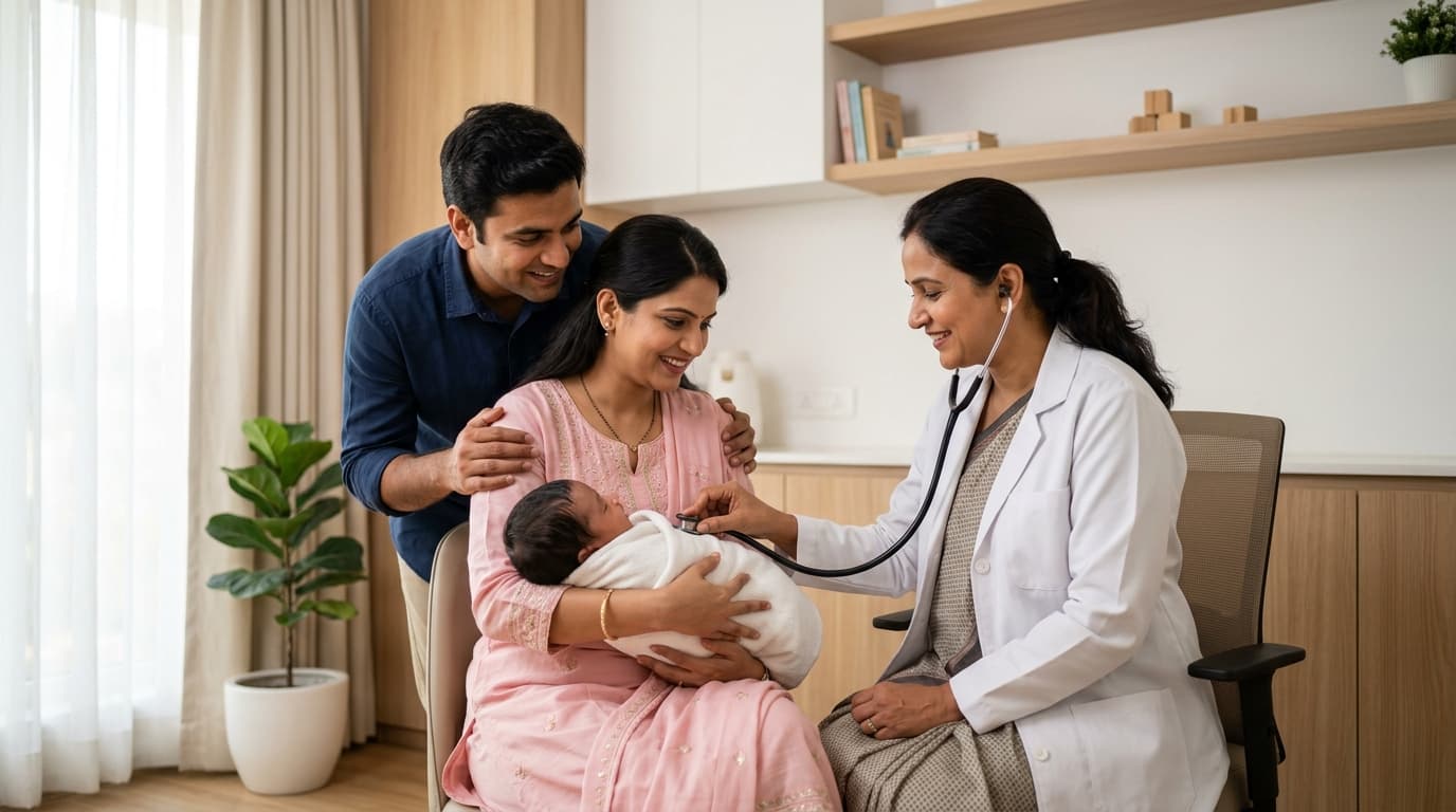 A pediatrician listening to a newborn's chest while both parents hold the baby