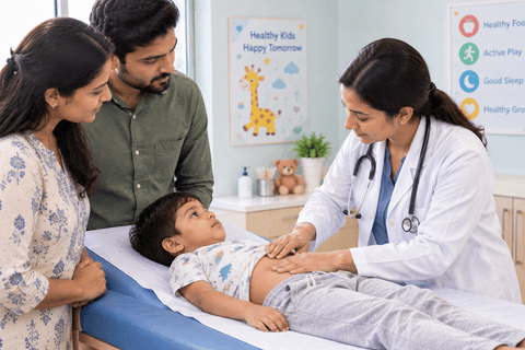 Pediatrician examining a child’s abdomen while the child lies on a padded examination table, with concerned parents standing beside them in a bright, child-friendly clinic.
