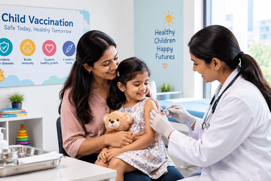 Child vaccination in Bangalore at a child vaccination centre, with a pediatrician providing vaccination care to a child.