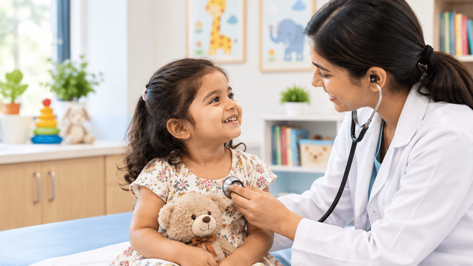 Pediatrician examining a smiling child with a stethoscope in a bright, child-friendly clinic near Singasandra.