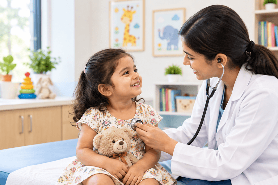 Pediatrician examining a smiling child with a stethoscope in a bright, child-friendly clinic near Singasandra.