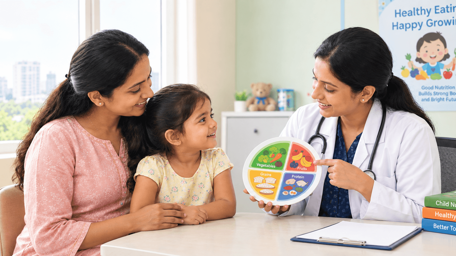 Pediatric nutrition consultation in Bangalore with a child, mother, and pediatrician discussing healthy eating habits
