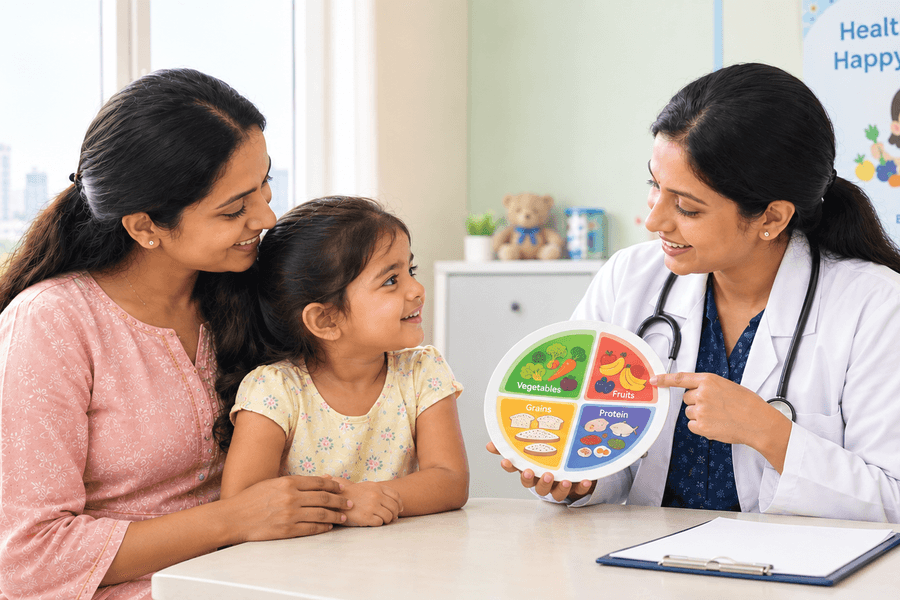 Pediatric nutrition consultation in Bangalore with a child, mother, and pediatrician discussing healthy eating habits