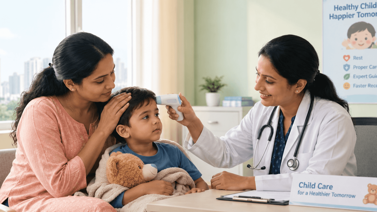 Child receiving viral fever treatment from a pediatrician while a parent comforts him during a clinic consultation.