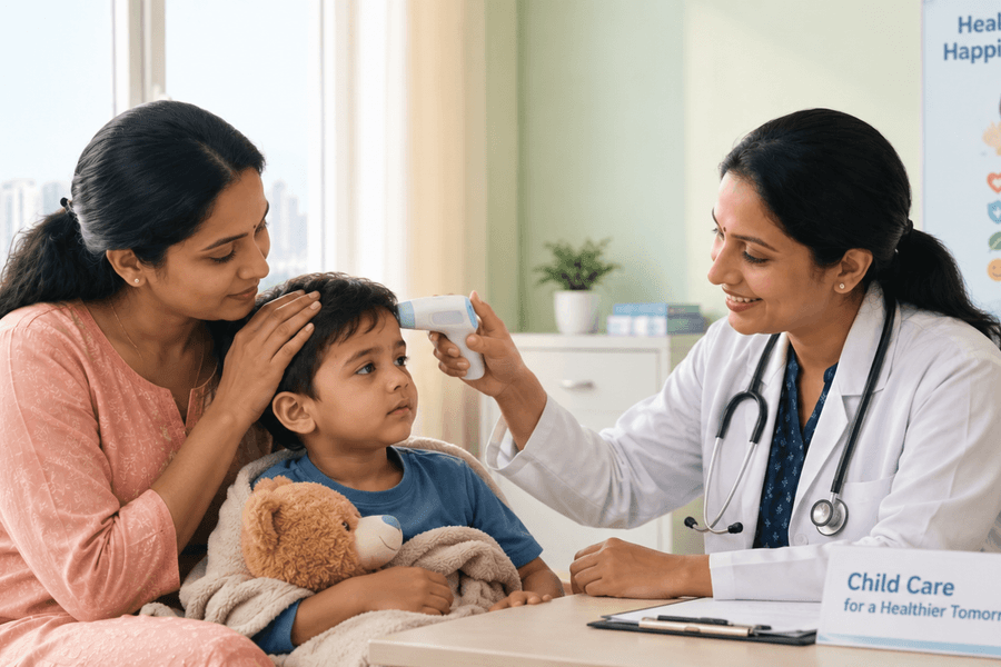 Child receiving viral fever treatment from a pediatrician while a parent comforts him during a clinic consultation.
