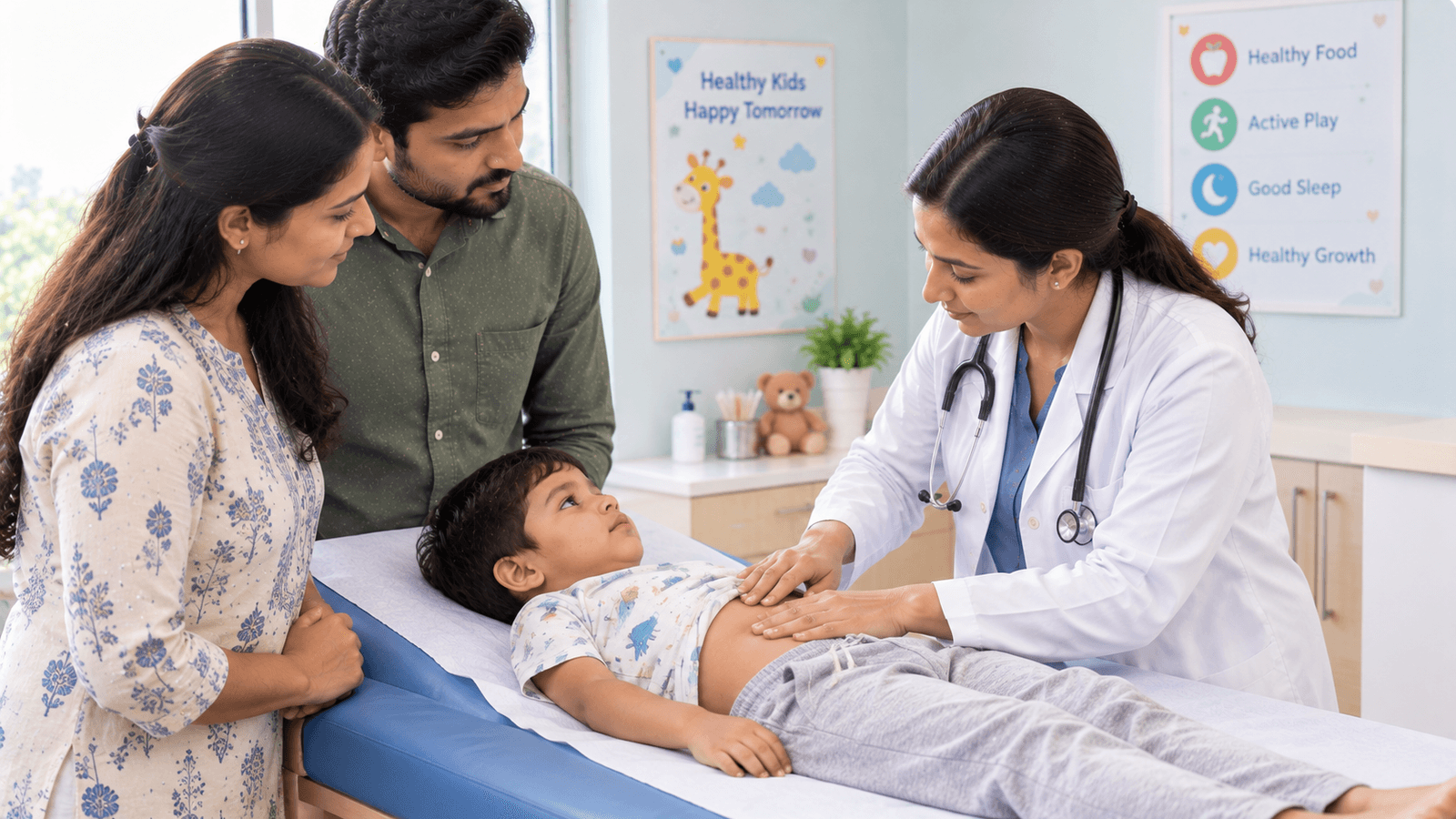 Pediatrician examining a child’s abdomen while the child lies on a padded examination table, with concerned parents standing beside them in a bright, child-friendly clinic.