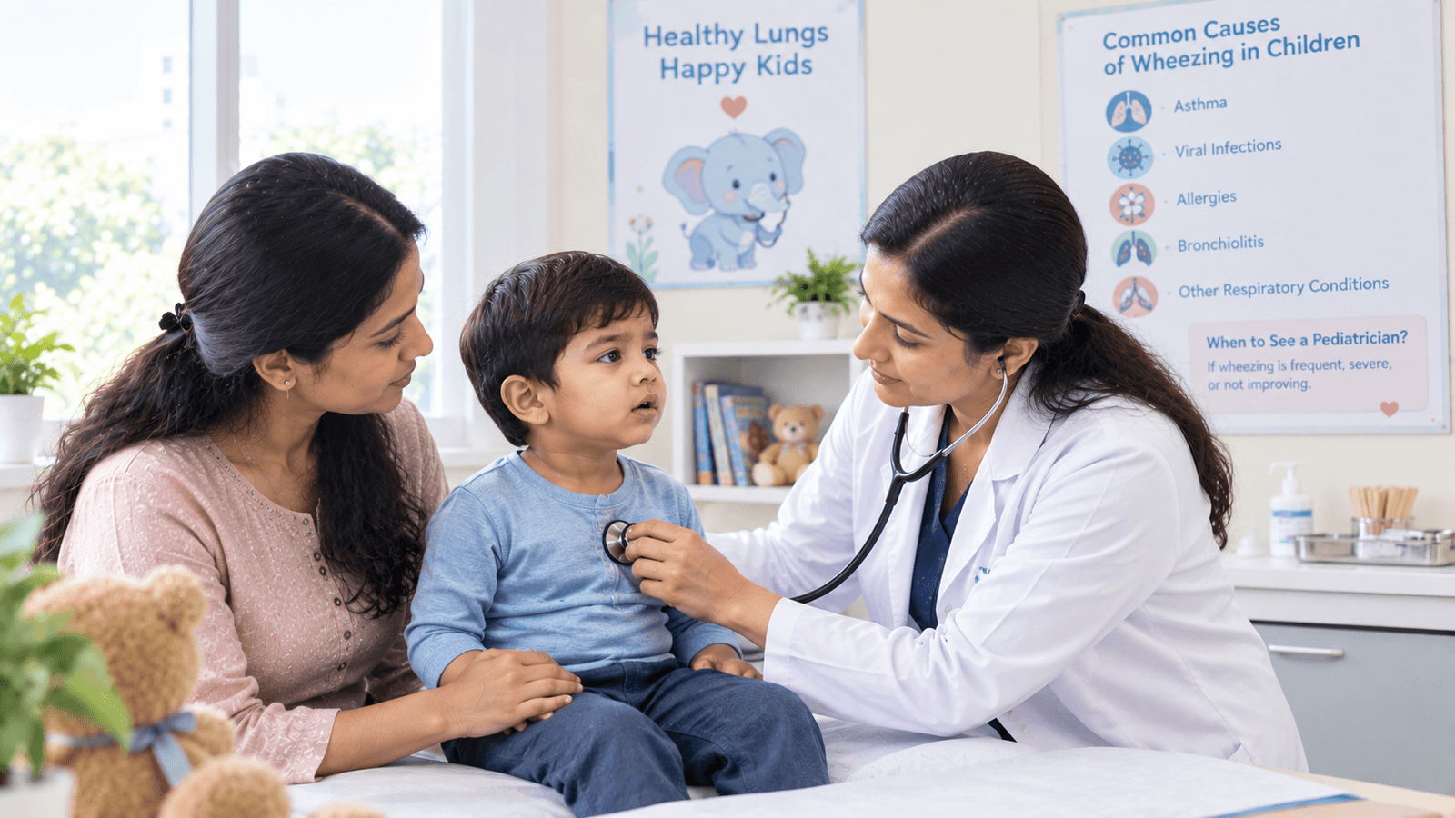 Pediatrician examining a child for wheezing with a stethoscope while a parent looks on in a pediatric clinic