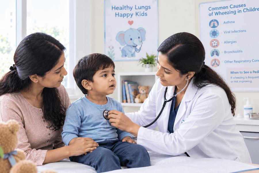Pediatrician examining a child for wheezing with a stethoscope while a parent looks on in a pediatric clinic