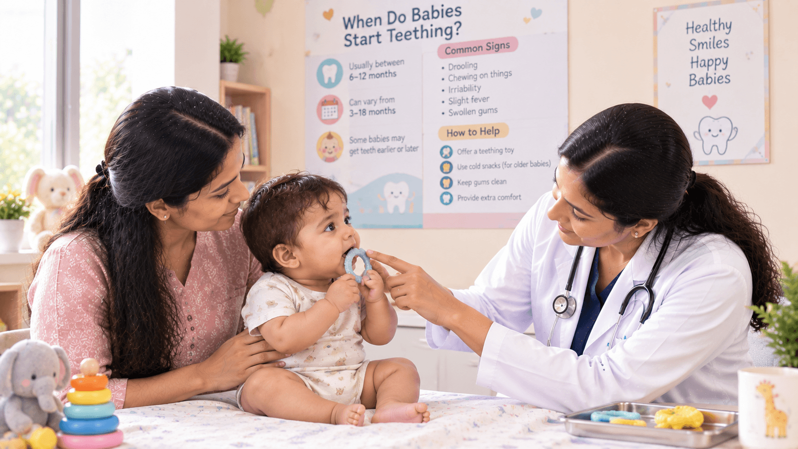 Learn when babies start teething, common teething symptoms, safe ways to soothe sore gums, and when parents should consult a pediatrician.