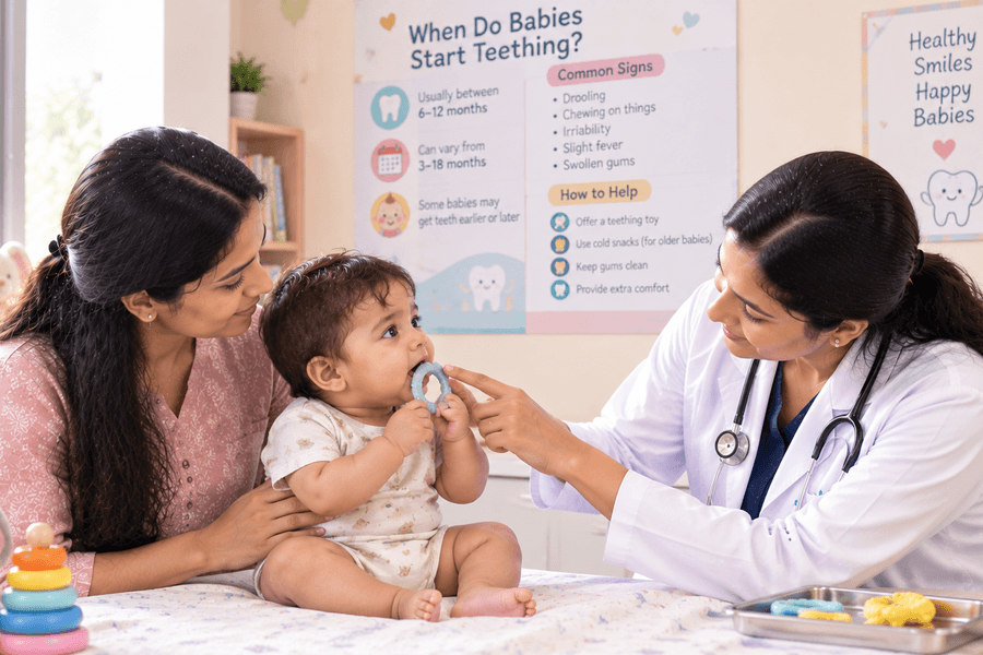 Learn when babies start teething, common teething symptoms, safe ways to soothe sore gums, and when parents should consult a pediatrician.