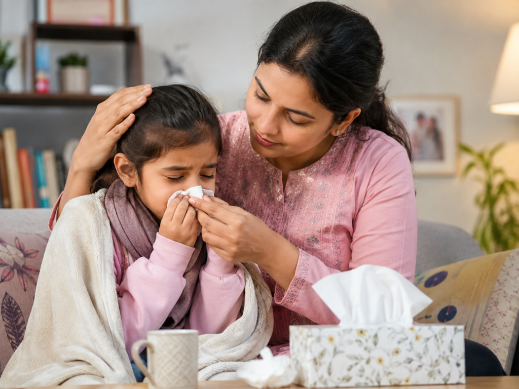 Cough and Cold in Children: Symptoms, Treatment & When to Visit a Pediatrician Child with viral cough and cold symptoms resting at home.