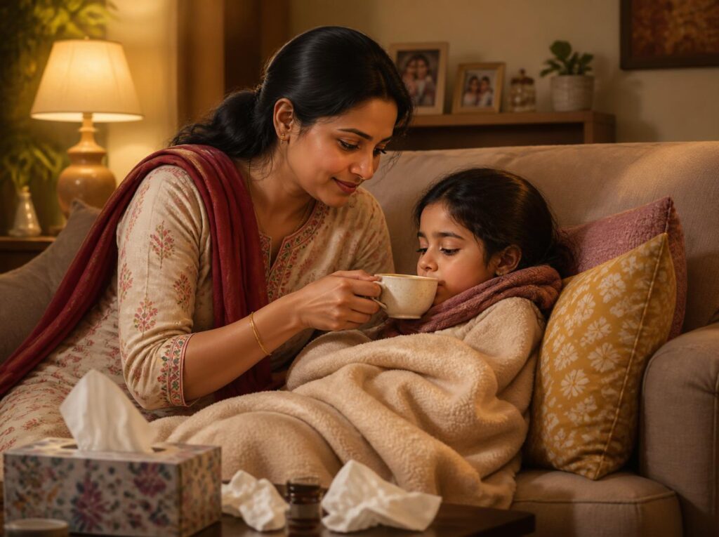 Cough and Cold in Children: Symptoms, Treatment & When to Visit a Pediatrician Mother caring for a child with cough and cold symptoms at home