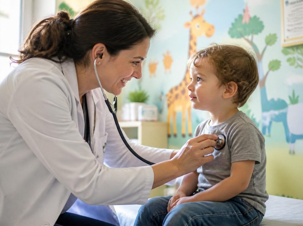 Cough and Cold in Children: Symptoms, Treatment & When to Visit a Pediatrician Pediatrician examining a child with cough and cold using a stethoscope